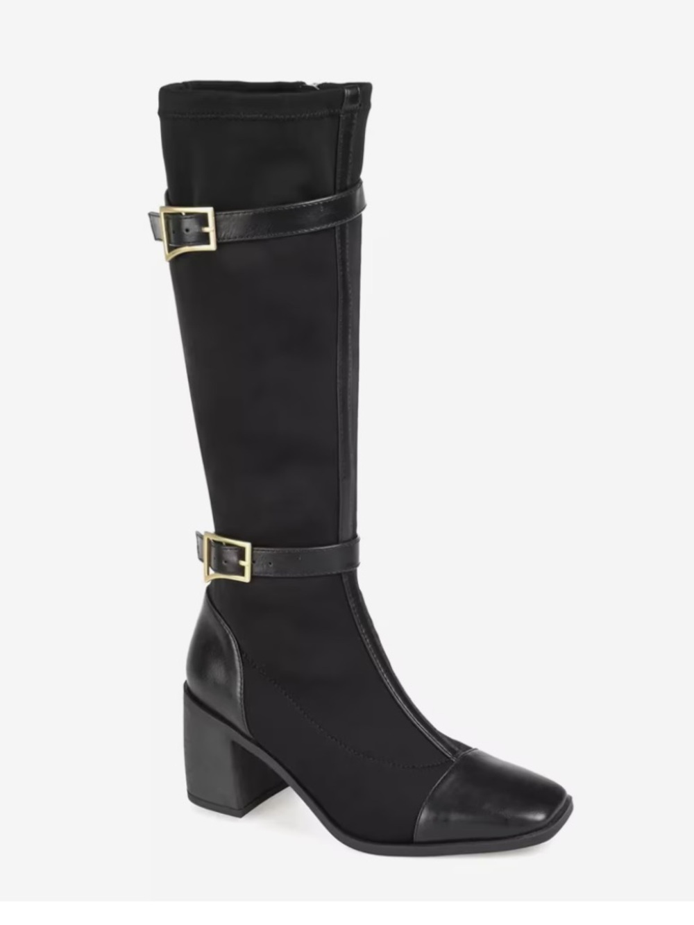 New Journee Collection Black Knee High Buckle Strap Block Heel Boots